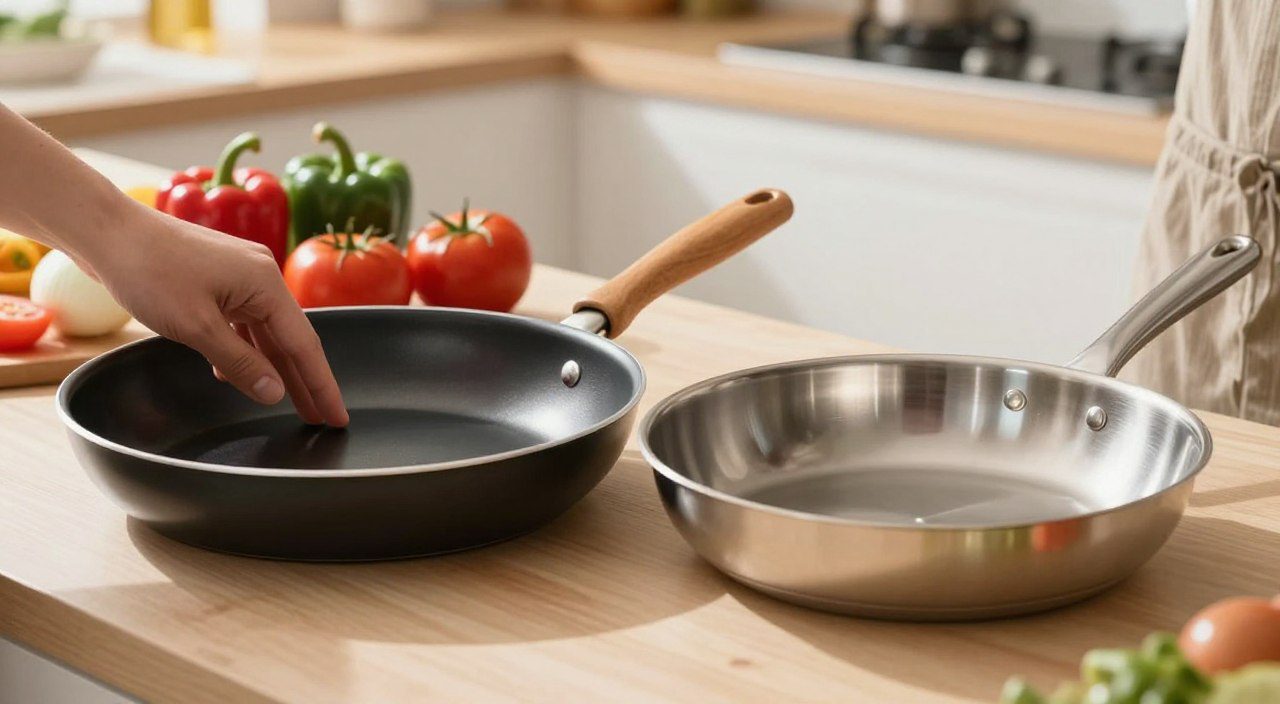 Frigideiras antiaderente e de aço inox lado a lado sobre uma bancada, acompanhadas por vegetais frescos.