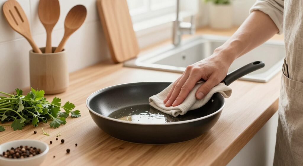 Cuidados que ajudam a frigideira a durar mais Frigideira sendo limpa cuidadosamente com pano macio, acompanhada por utensílios de cozinha sobre uma bancada de madeira.