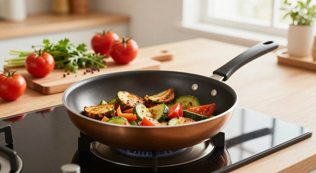 Frigideira antiaderente com vegetais dourados no fogão, acompanhada por tomates, ervas e temperos frescos.