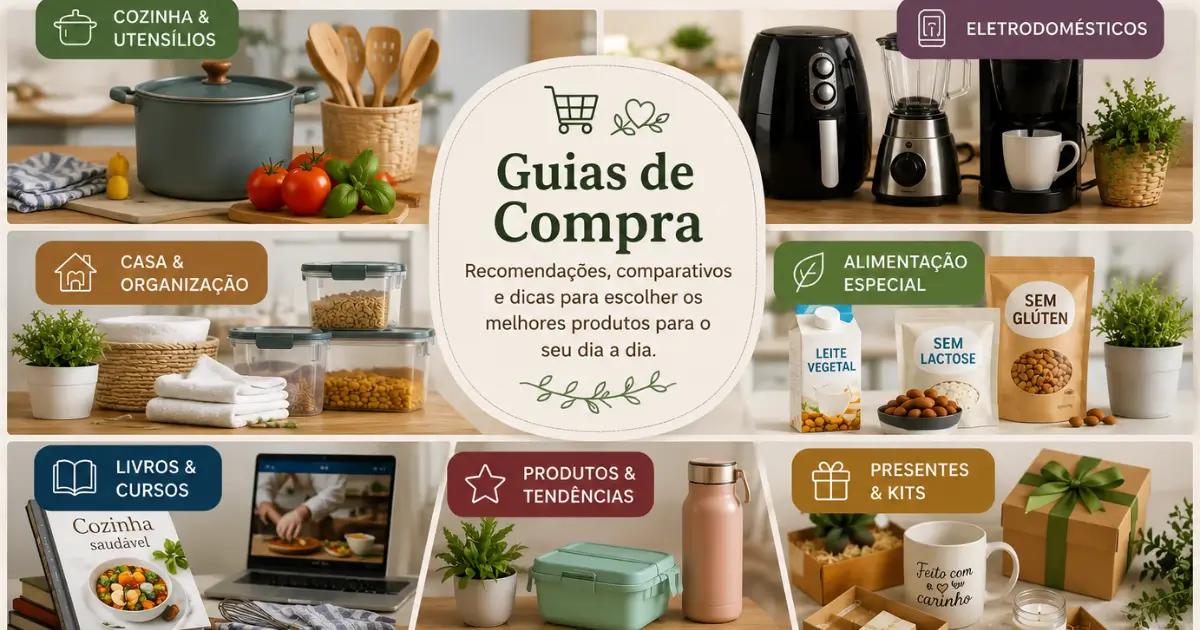 Ilustração dos Guias de Compra do AcolheSabor com categorias de cozinha, eletrodomésticos, casa, alimentação especial, livros, cursos, presentes e produtos em destaque.