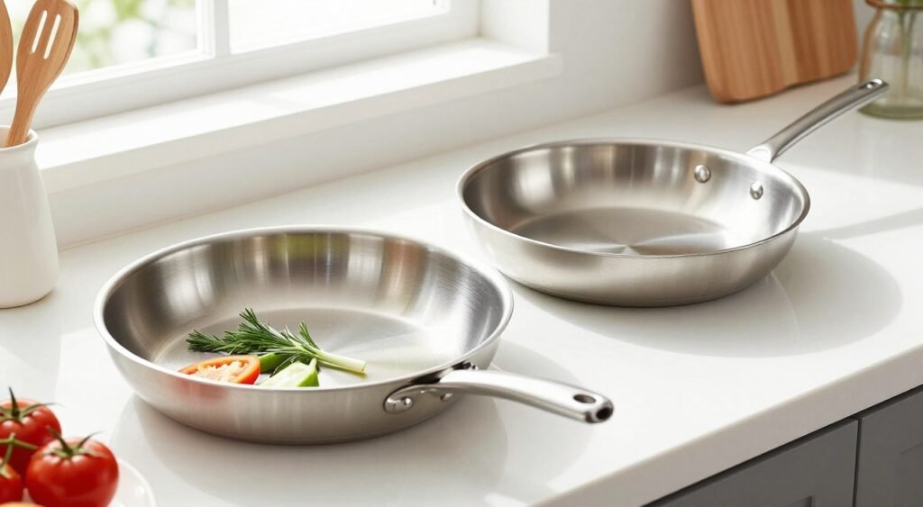 Como escolher uma frigideira sem errar no material Frigideiras de alumínio e aço inox sobre uma bancada de cozinha, representando diferentes materiais para escolher no dia a dia.