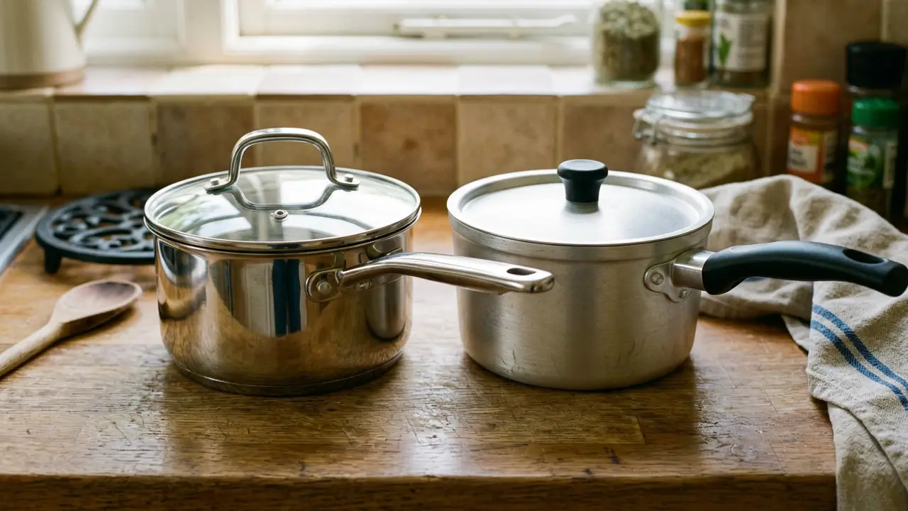 Panela de aço inox e panela de alumínio lado a lado sobre uma bancada de cozinha, destacando as diferenças entre os materiais.